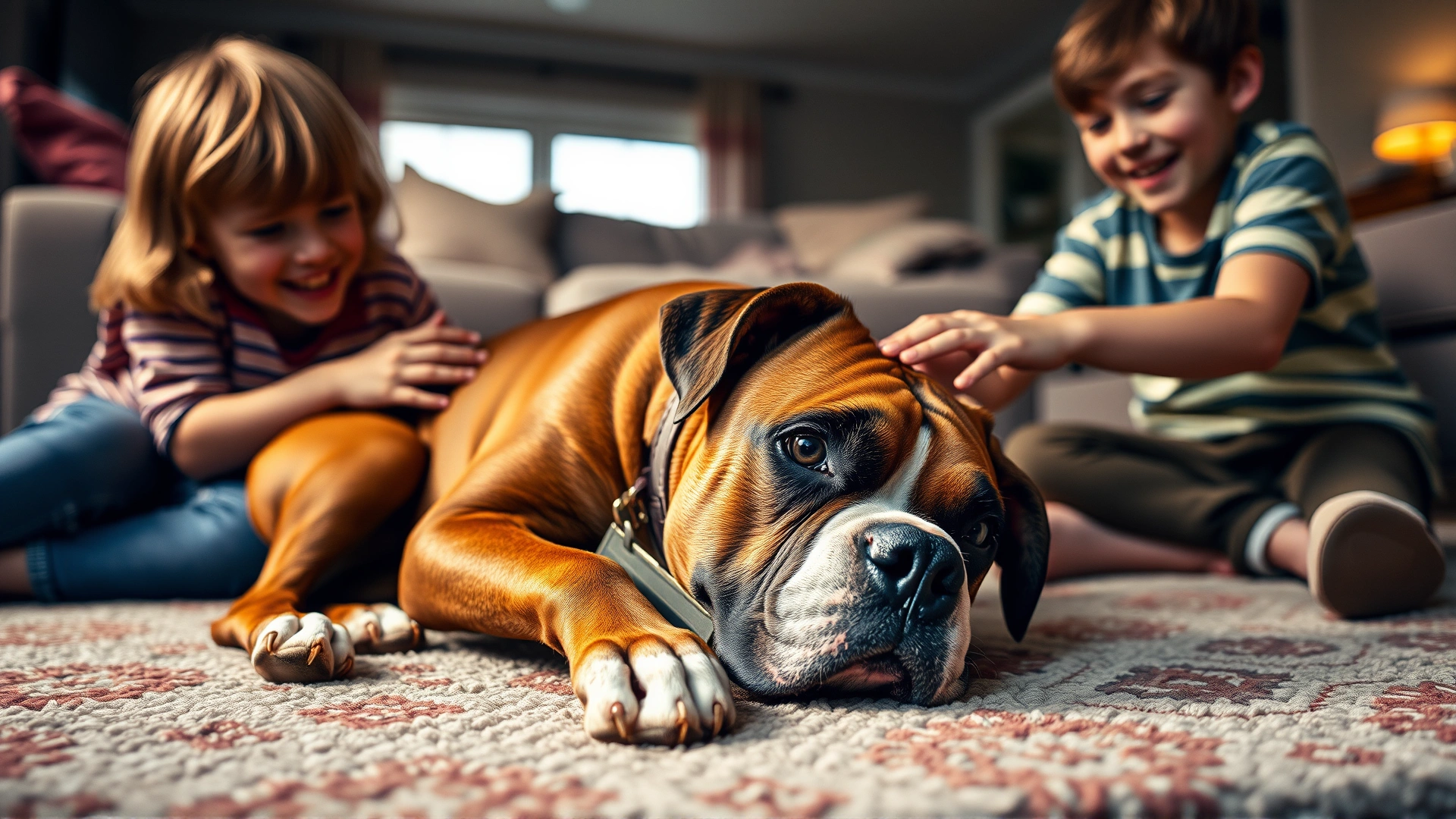 A Boxer dog lying contentedly on a living-room rug while two smiling children gently pet him, warm indoor lighting.