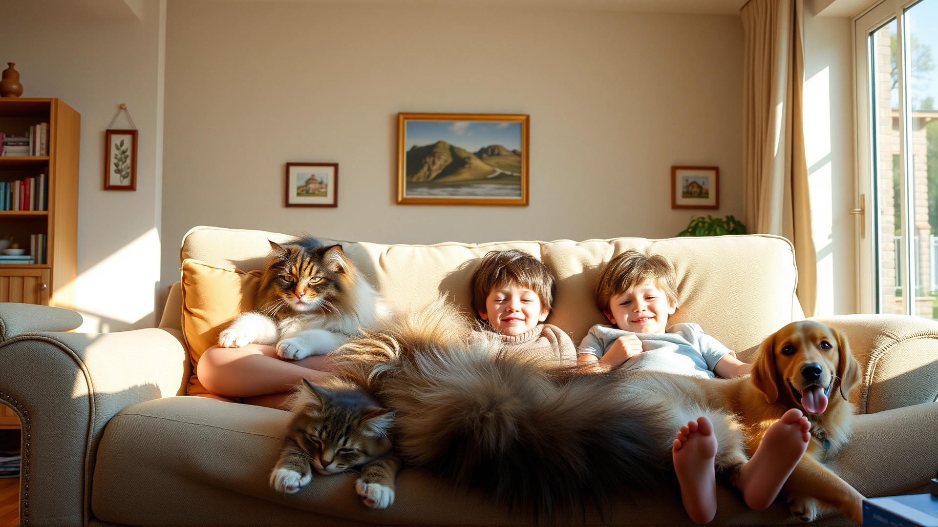Norwegian Forest Cat lounging comfortably with children and a friendly dog in a bright, sunlit living room, portraying harmonious family life.