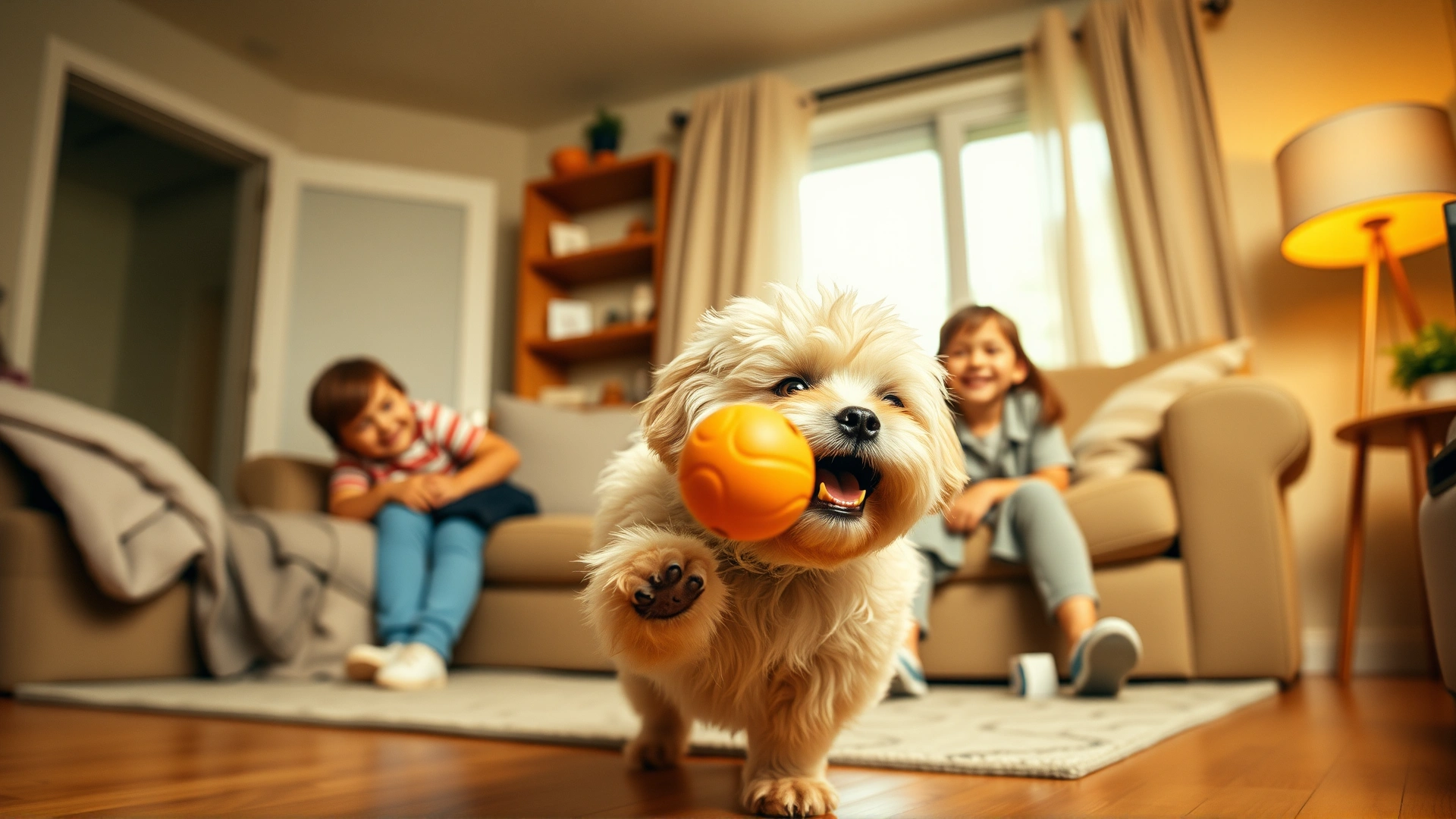 A Chi-Poo playing fetch with two children in a cozy living room, warm lighting, candid family moment, high resolution