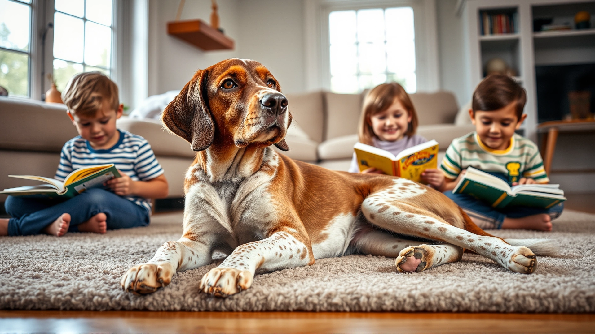 A relaxed Bracco Italiano lying on a living-room rug beside two smiling children reading books, warm home atmosphere, natural light.