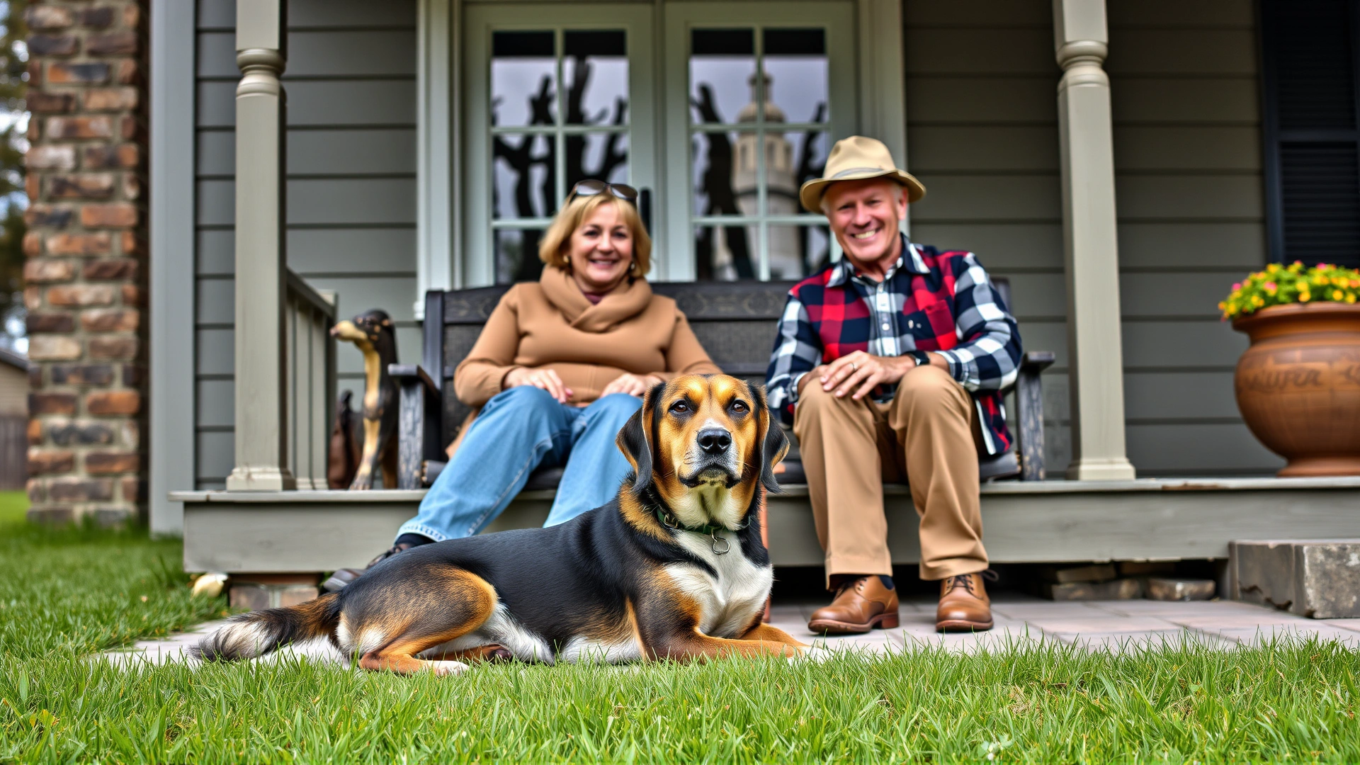 Family relaxing on a porch with their well-behaved hunting dog lying contentedly at their feet