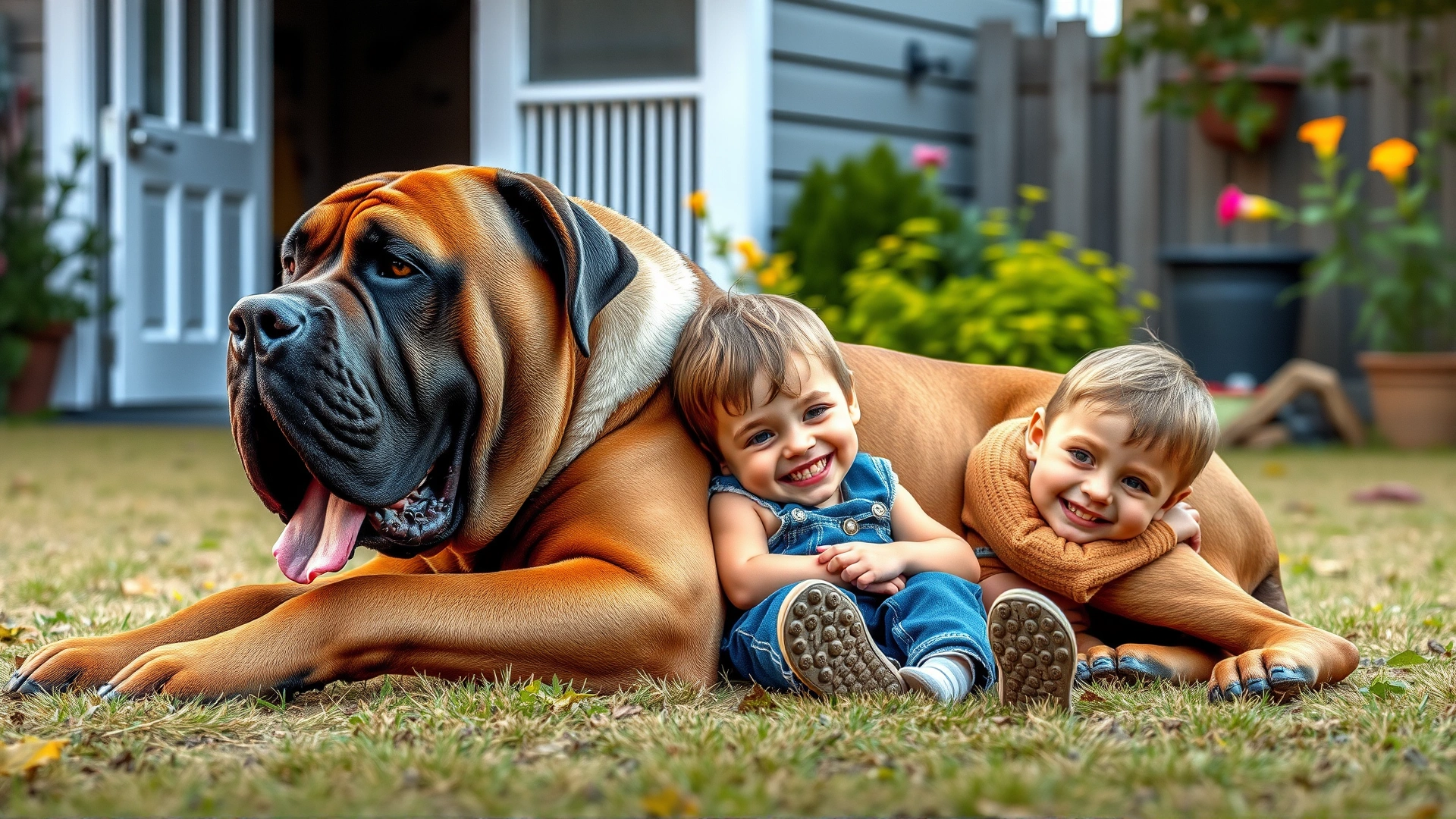 Boerboel lying calmly beside two smiling children in a backyard, demonstrating the breed’s gentle nature with families