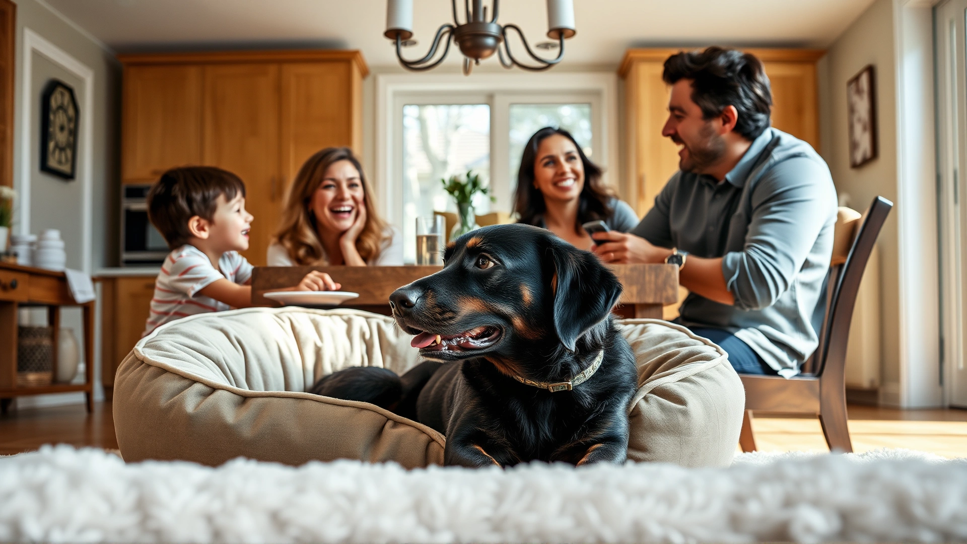 Family at dining table laughing while an empty dog bed is visible in the foreground, suggesting the dog is elsewhere, bright, airy kitchen.