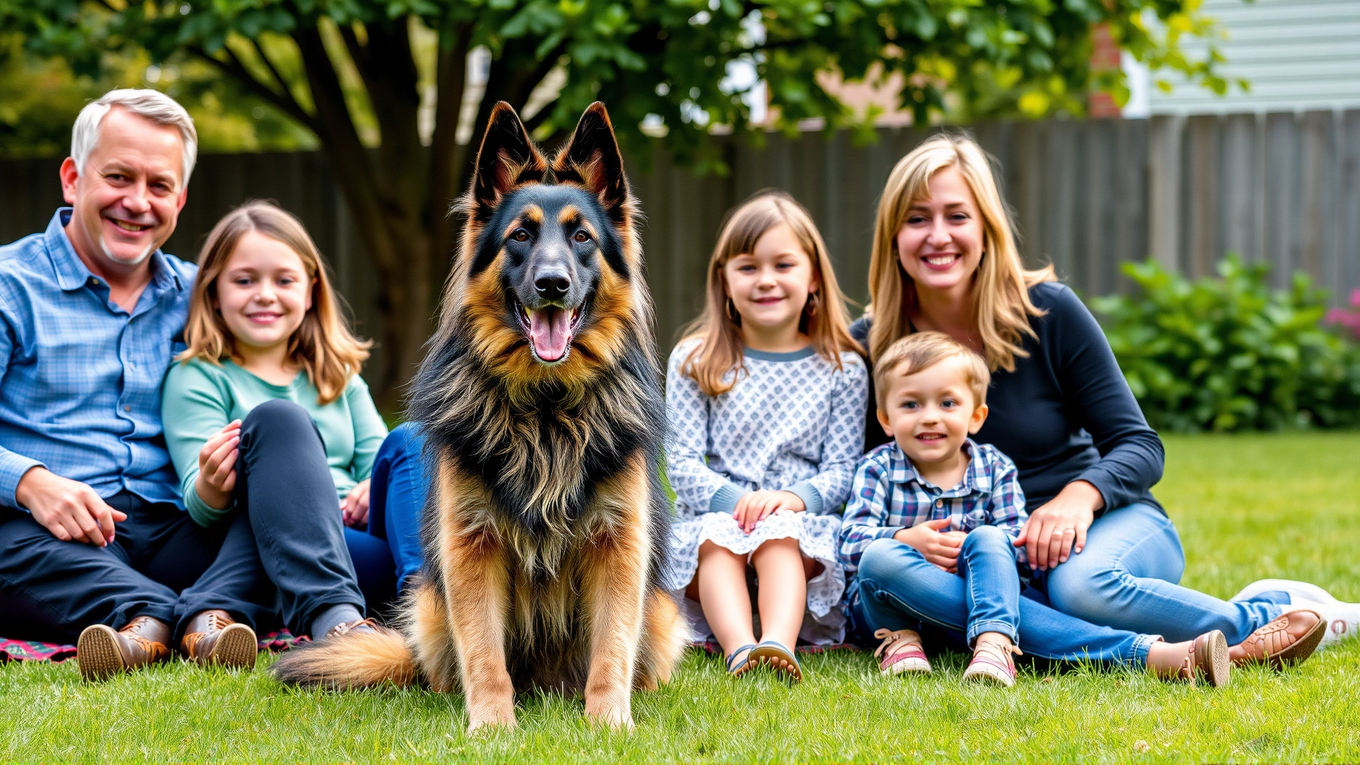 Belgian Tervuren sitting with a smiling family of two parents and two kids in a suburban backyard, no text
