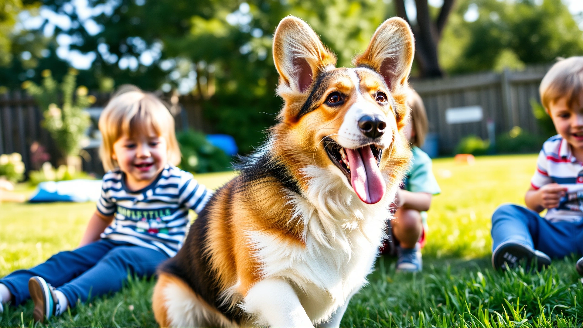 Cardigan Welsh Corgi happily playing with young children in a backyard on a sunny day.