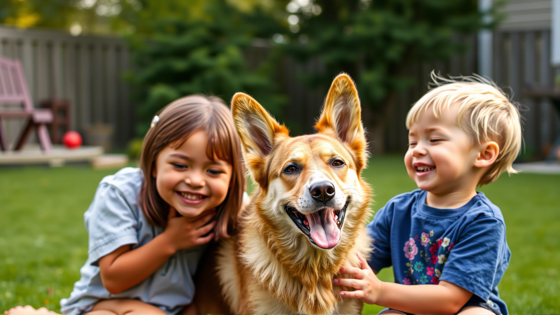 A Carolina Dog gently interacting with two smiling children in a backyard, illustrating its family-friendly nature