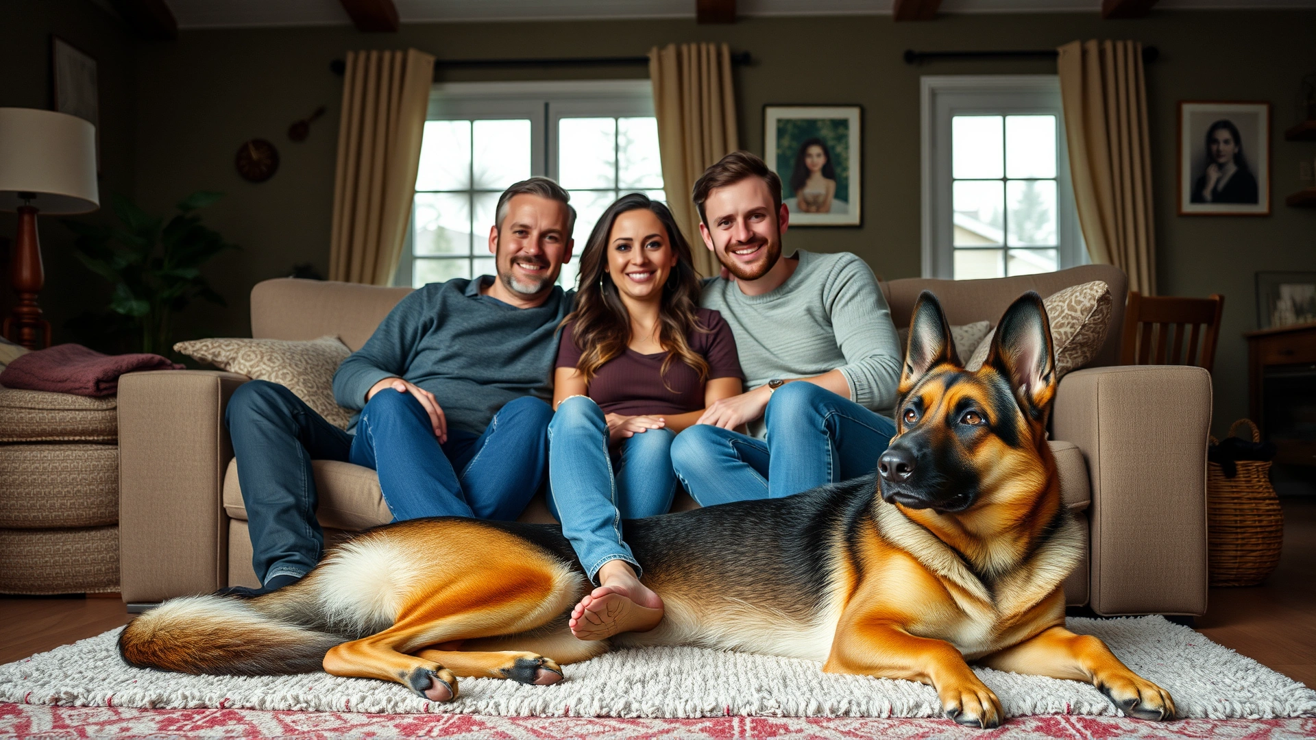 Happy family sitting together in a cozy living room with their German Shepherd lying contentedly beside them