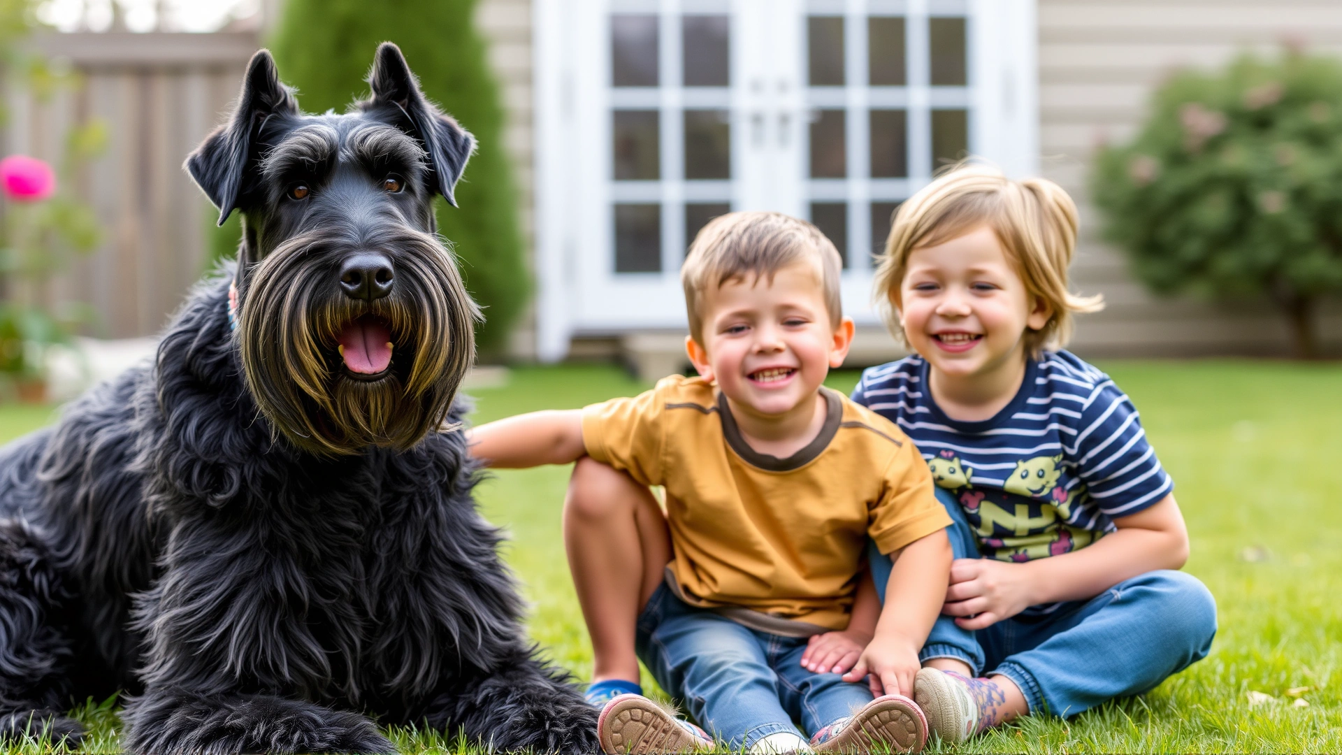 Friendly Giant Schnauzer sitting calmly beside two smiling children in a backyard setting, showcasing the breed's compatibility with families.