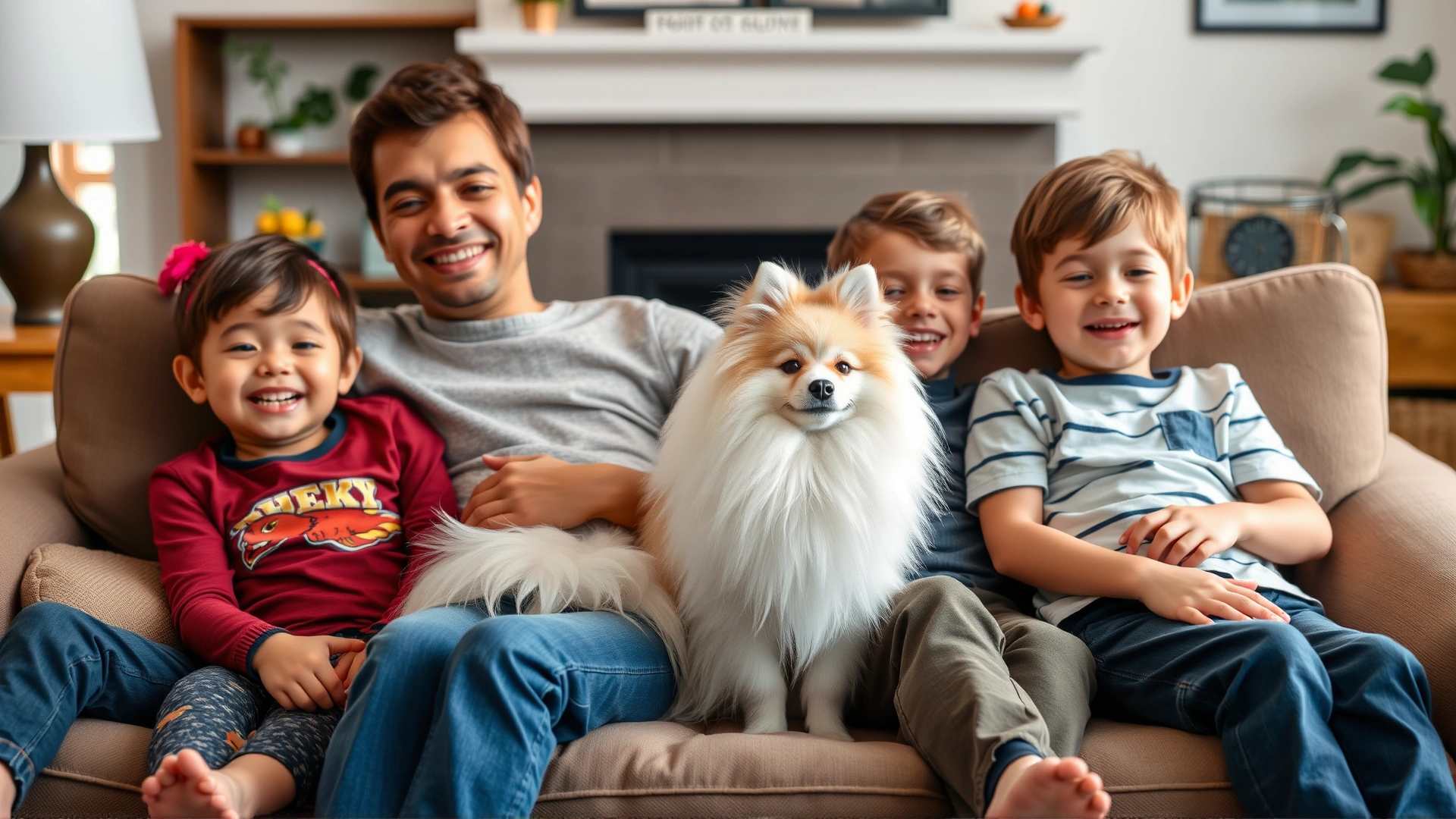 Japanese Spitz sitting comfortably between two smiling children on a couch in a cozy living room