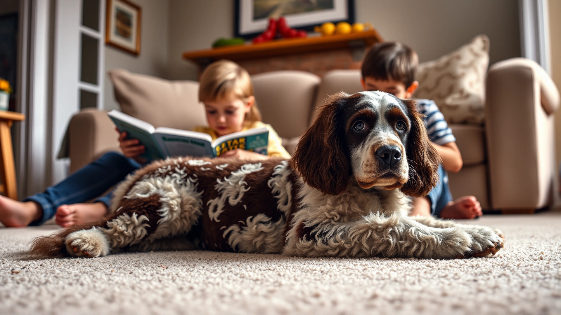 An American Water Spaniel relaxing on a living-room carpet beside two young children reading a book, cozy indoor lighting.