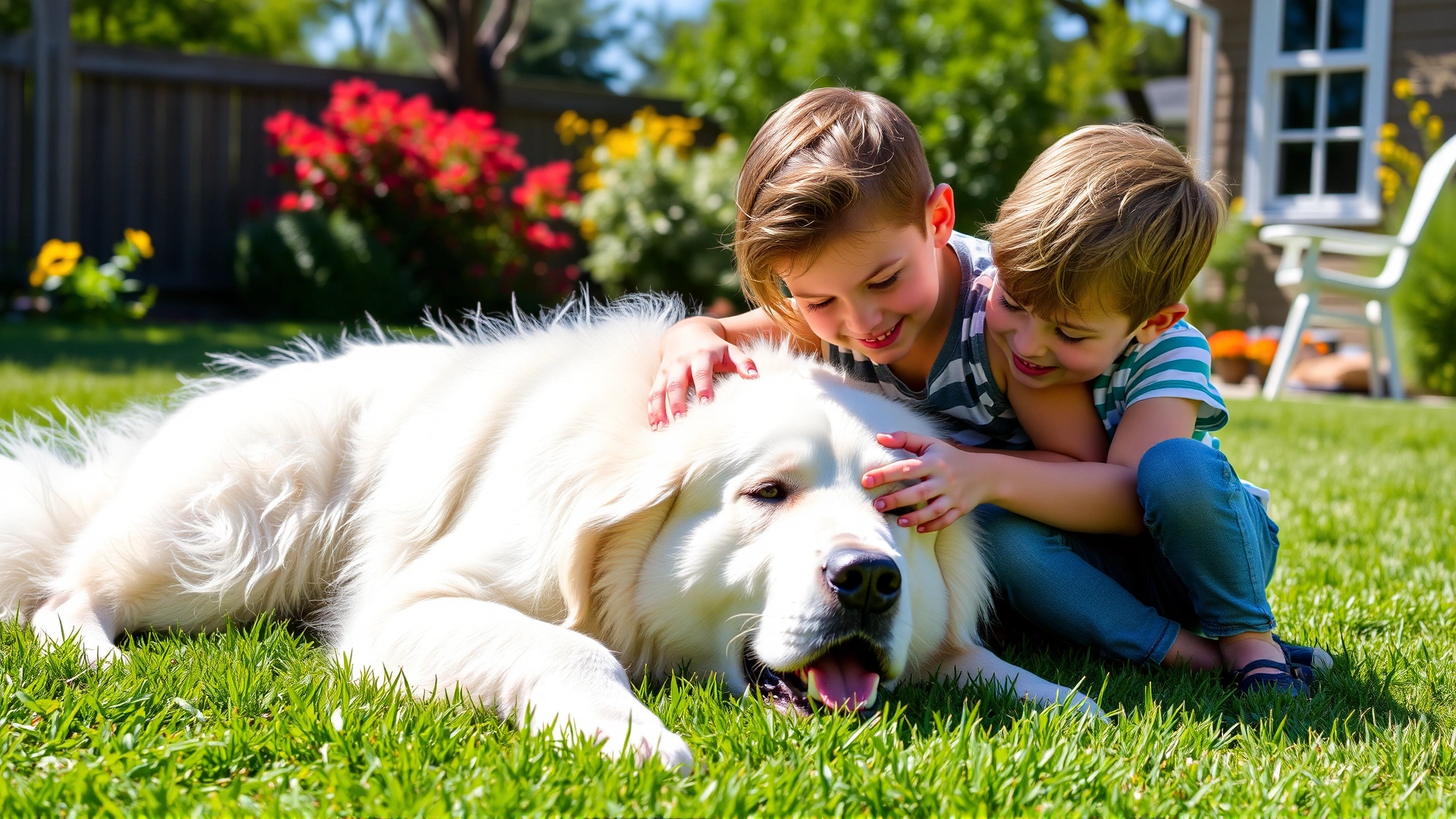 Great Pyrenees lying on grass while two smiling children pet and hug it in a sunny backyard.