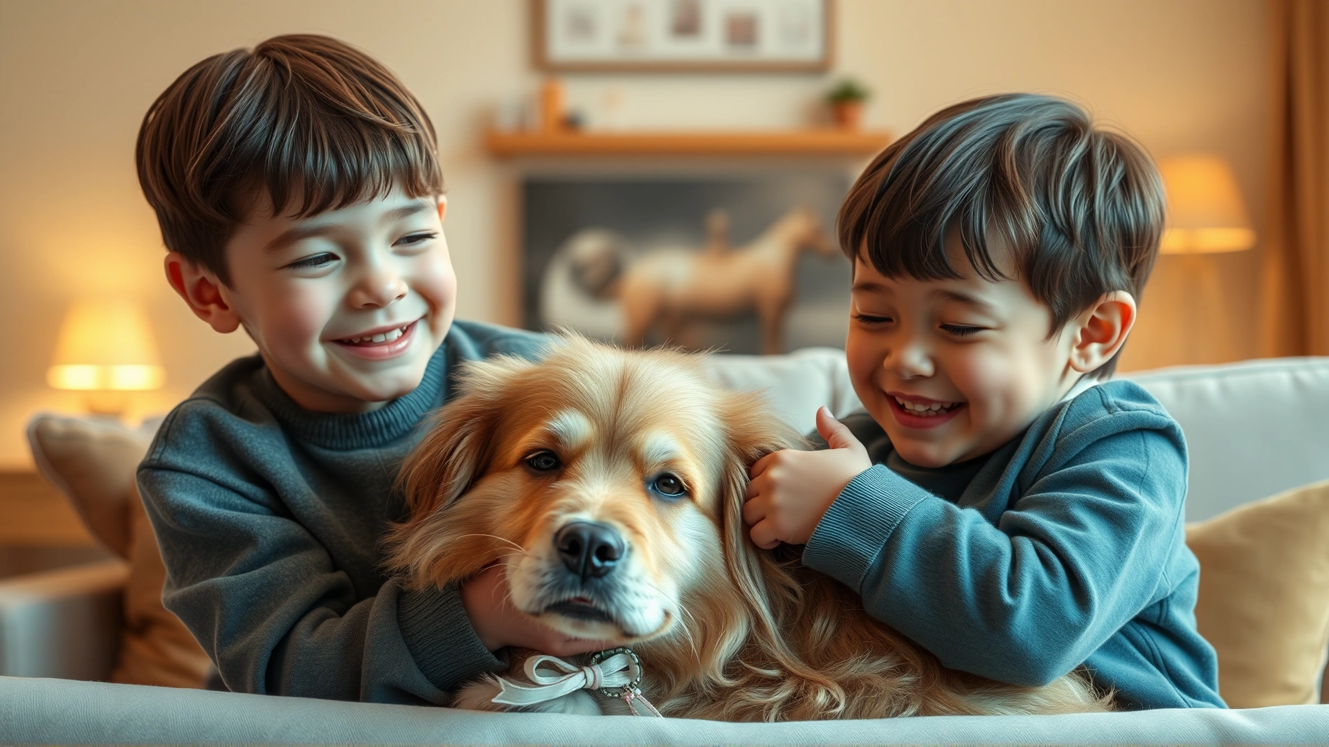 Two cheerful children hugging a relaxed Lowchen dog in a cozy living room, warm evening light