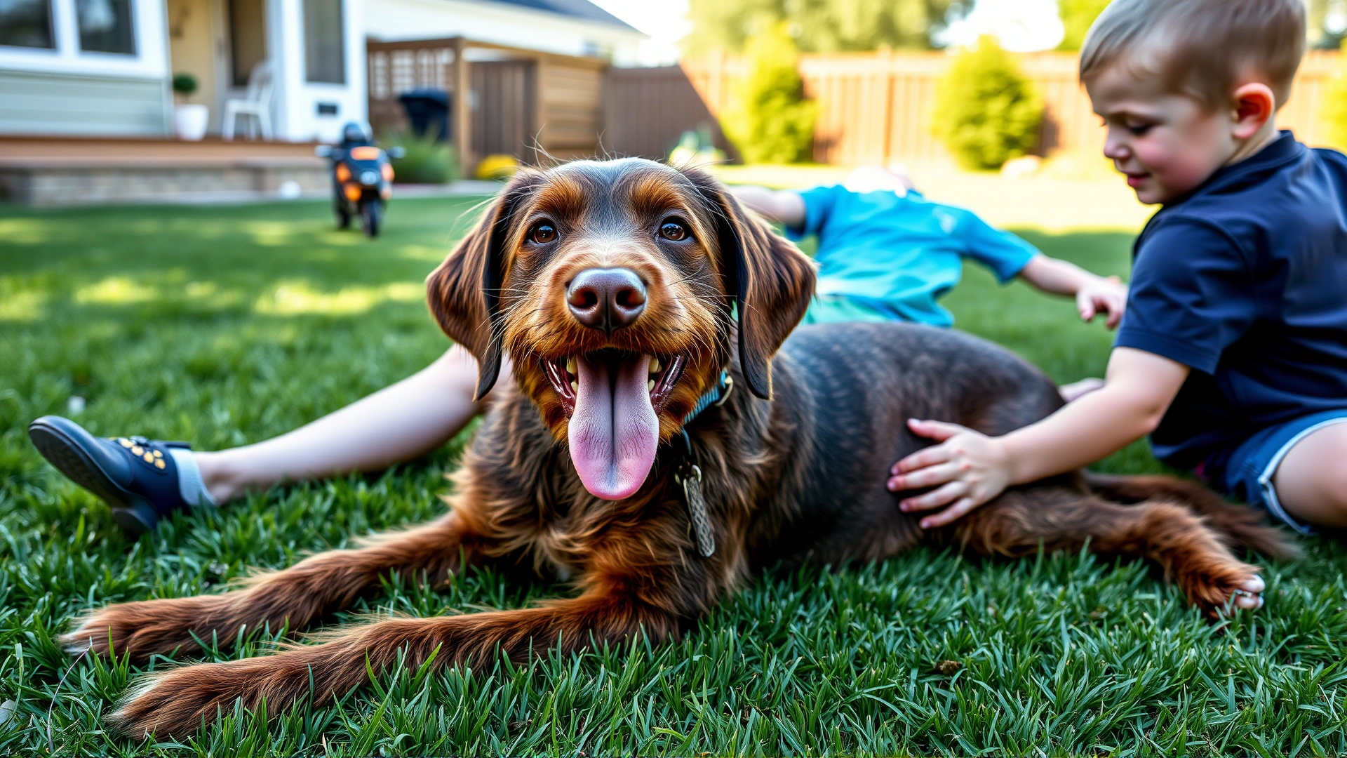 Smiling Wirehaired Vizsla lying on the lawn while two children gently pet it, suburban backyard, bright sunny day, candid natural style.