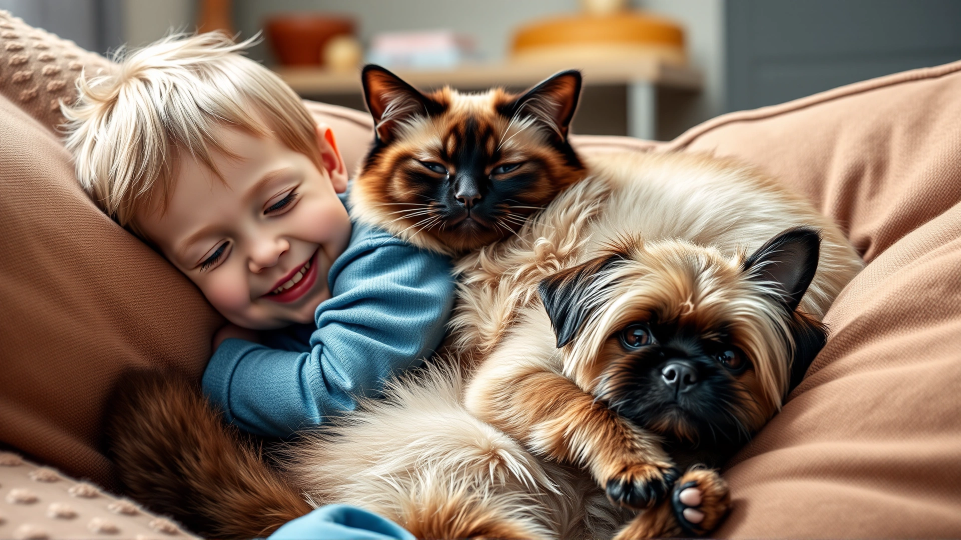 Tonkinese cat cuddling with a smiling child and a small dog on a cozy couch, illustrating the breed's friendly nature