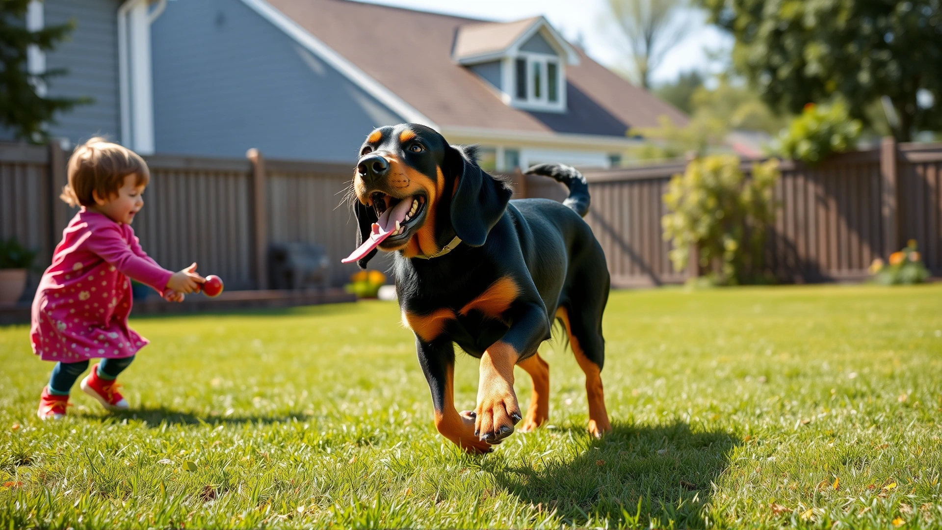 A Black and Tan Coonhound joyfully playing fetch with two children in a suburban backyard on a sunny afternoon.