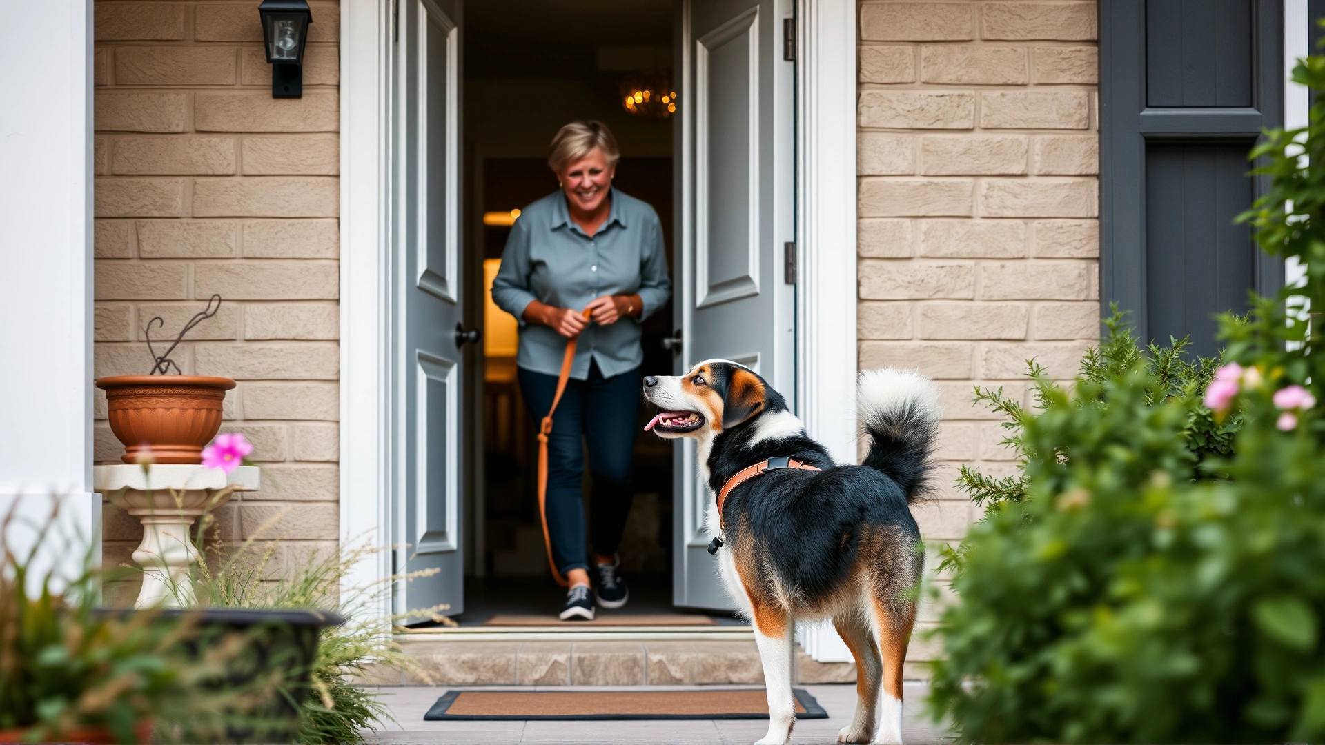 Happy family member opening their front door to greet a wagging dog carrying its own leash, suggesting familiarity and comfort.