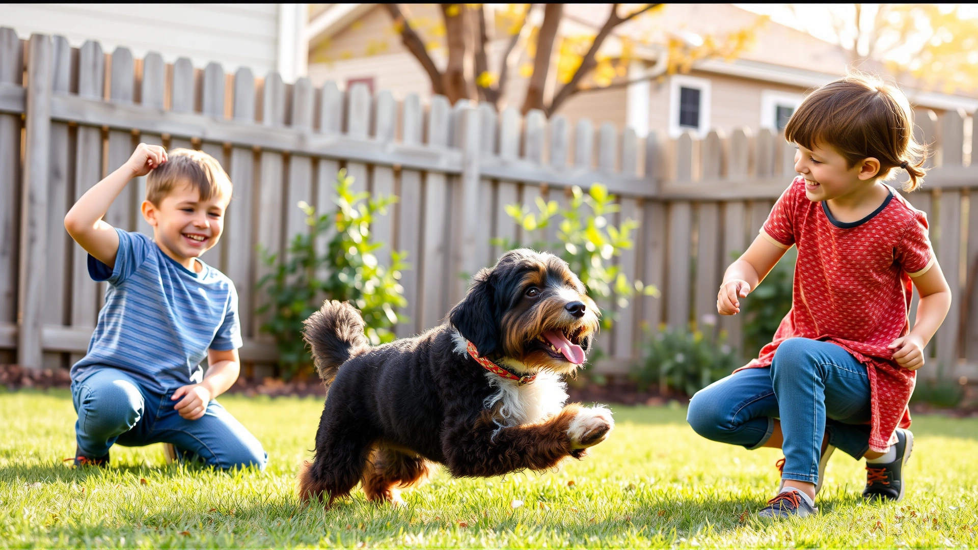 Happy family with two children playing fetch with their adult Bernedoodle in a fenced backyard on a sunny afternoon