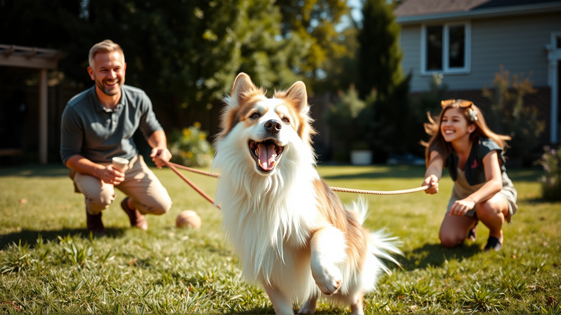 A smiling family playing fetch with an Icelandic Sheepdog in a spacious backyard on a sunny day.