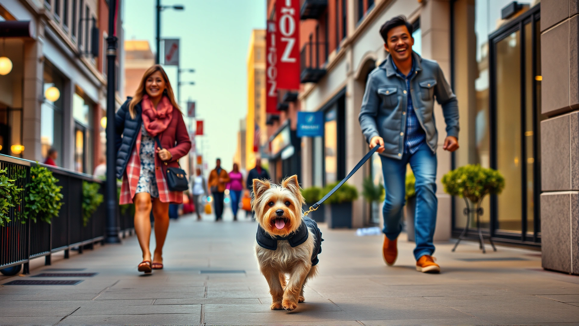 Happy family walking a Norwich Terrier on a leash through a bustling city sidewalk