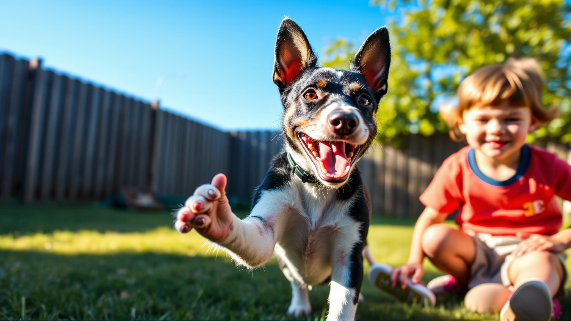 Rat Terrier playing fetch with two smiling children in a fenced backyard on a sunny afternoon.