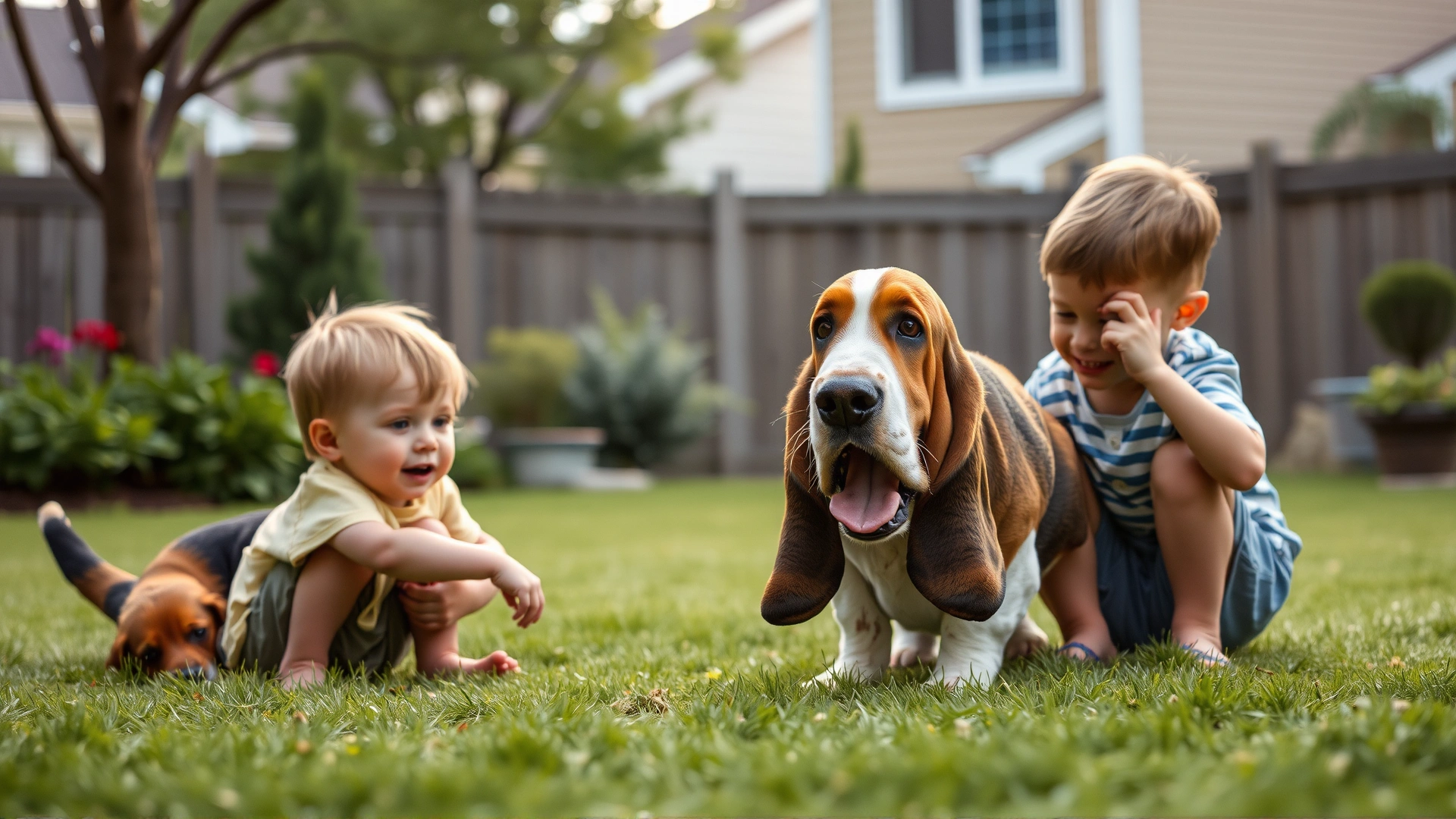 A friendly Basset Hound gently playing with two small children in a suburban backyard, conveying a family-friendly atmosphere