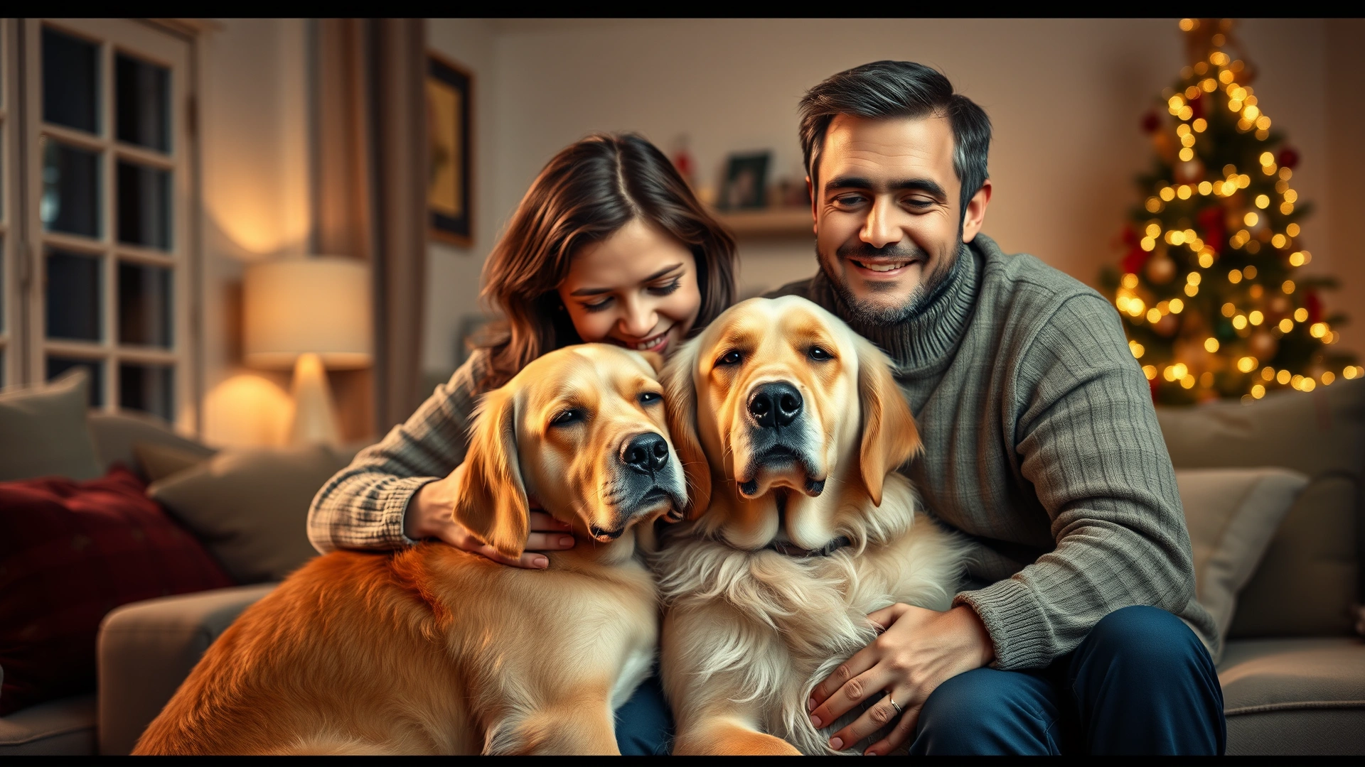 Family of three hugging an elderly golden retriever in a cozy living room with a decorated Christmas tree glowing softly in the background.