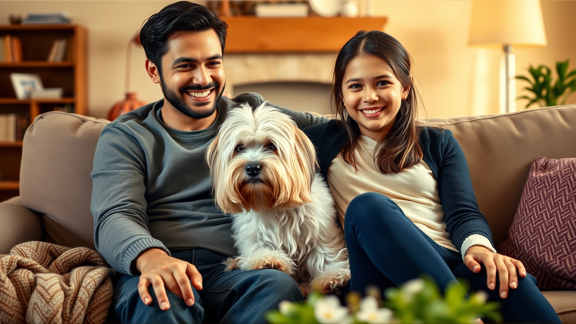 Smiling family with two young children sitting on a couch with a Tibetan Terrier on their laps, warm home interior, candid moment