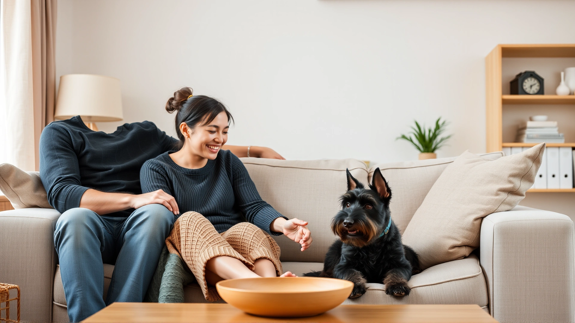 A happy family of four sitting on a living room couch playing with their Miniature Schnauzer