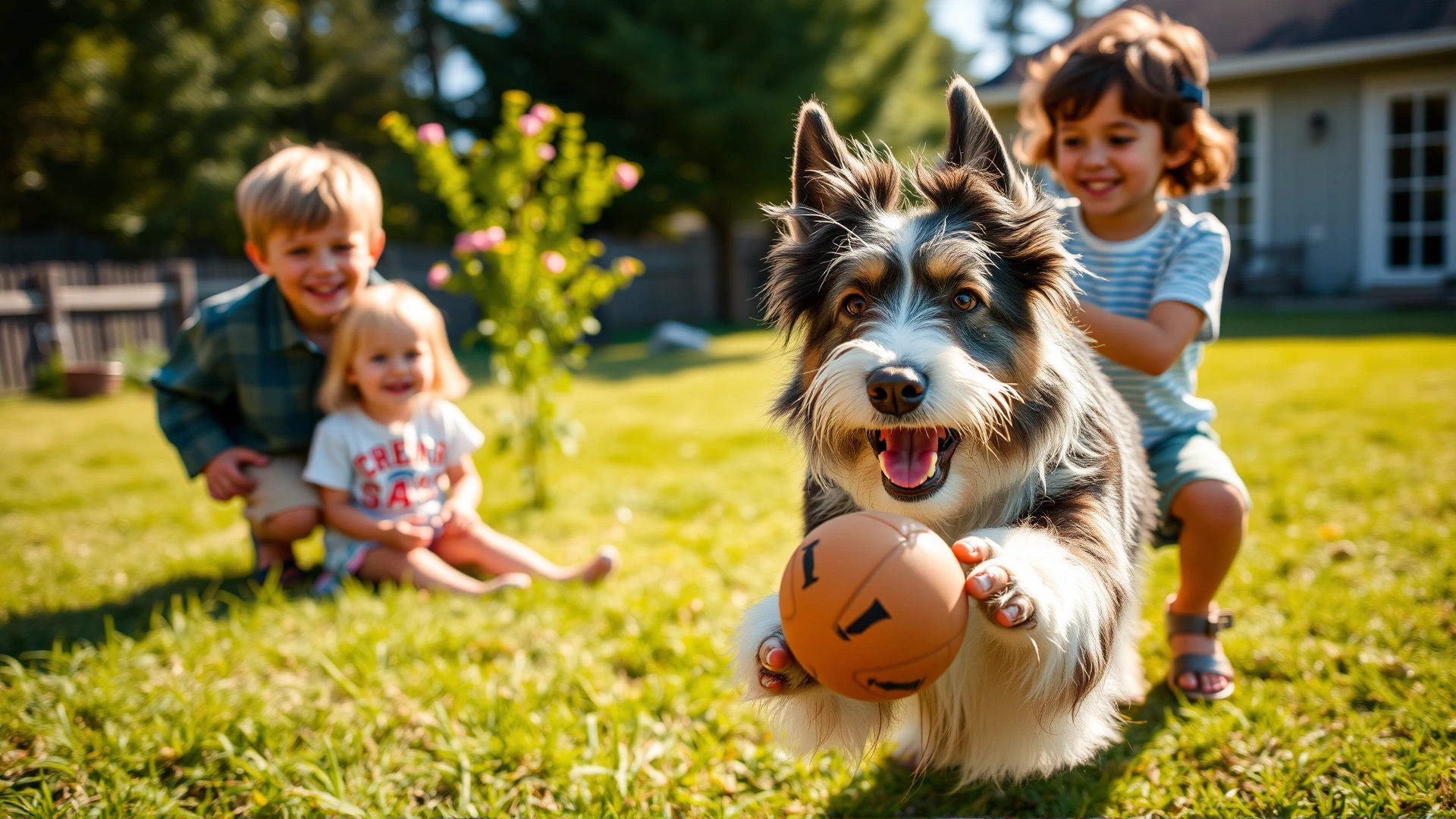 A Bearded Collie playing fetch with two smiling children in a sunlit backyard, candid moment, bright daylight, high-resolution