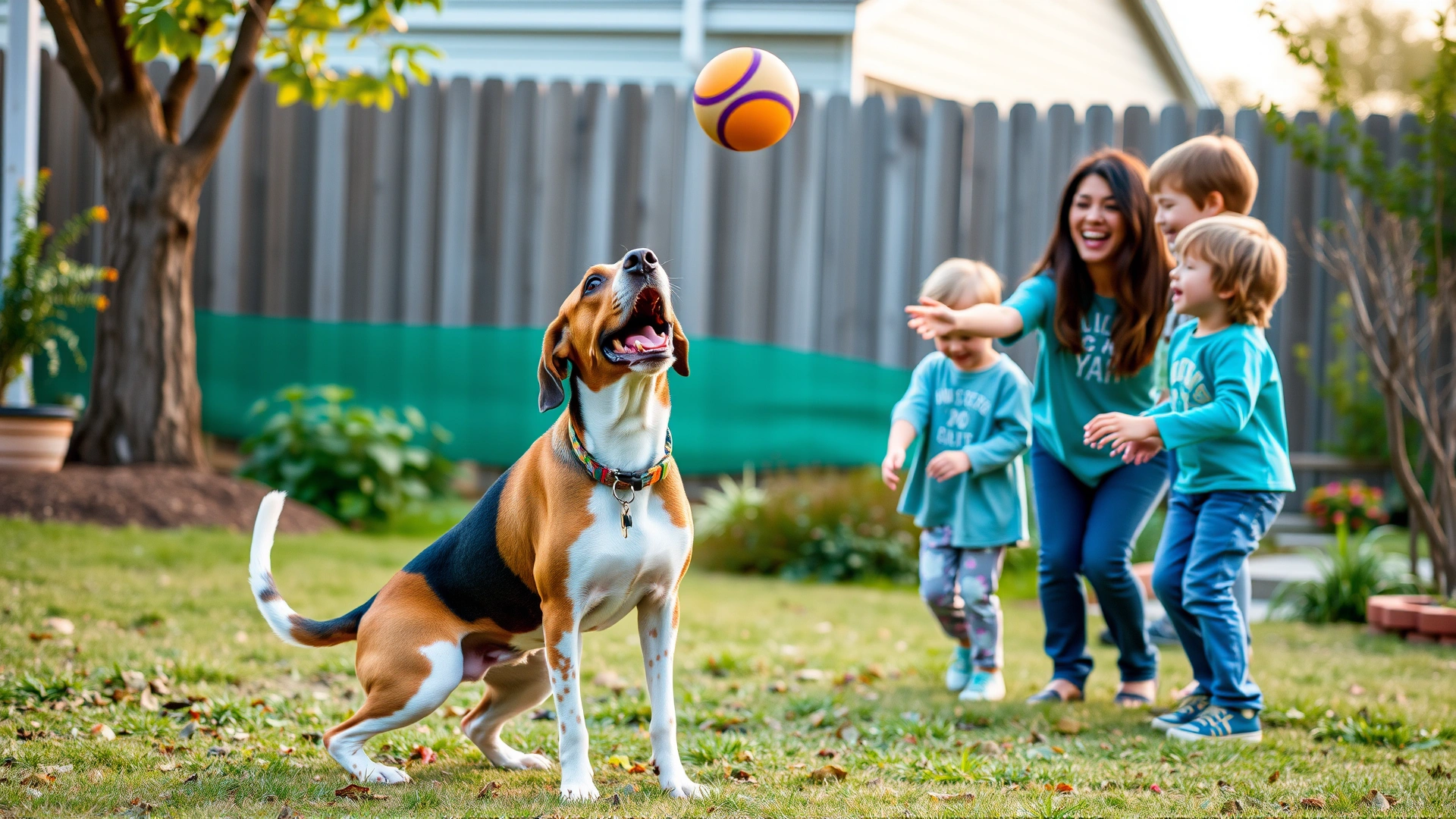 Happy family playing with a Treeing Walker Coonhound in a backyard, children throwing a ball while the dog looks eager.
