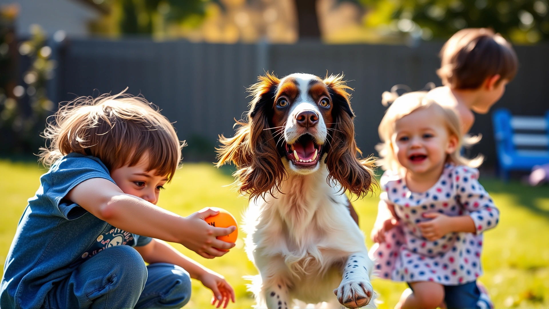 Welsh Springer Spaniel happily playing fetch with two young children in a sunny backyard.