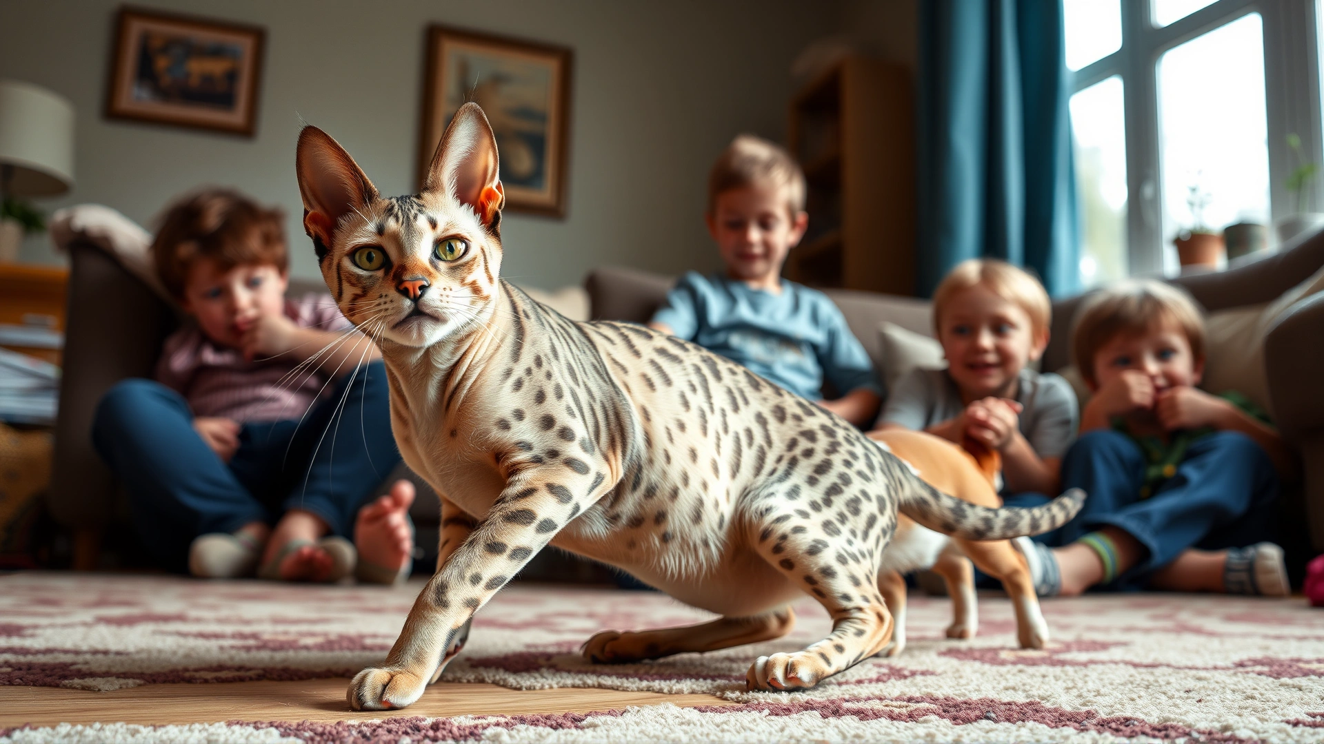 Cornish Rex cat happily playing with two children and a small dog in a cozy living room