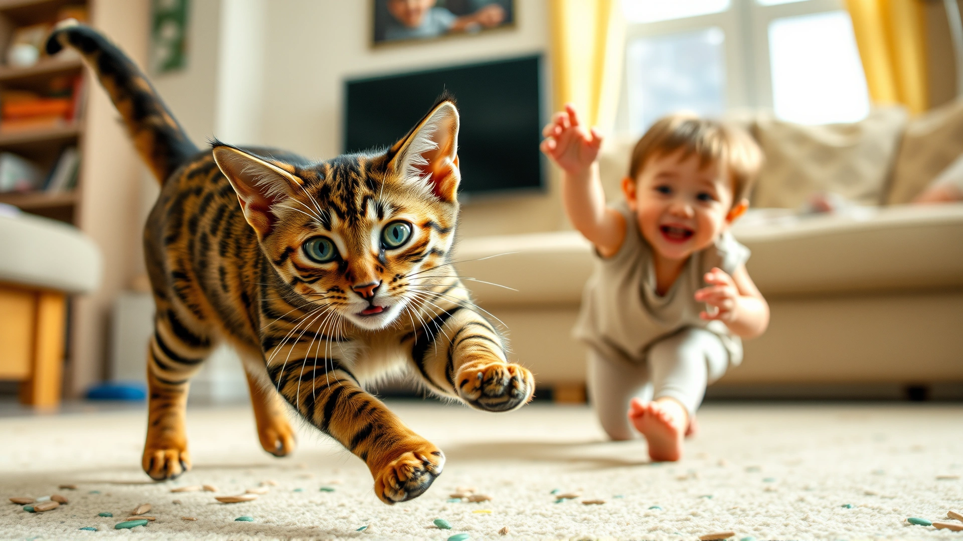 An Ocicat playing fetch with a smiling child in a bright living room, motion captured mid-pounce.
