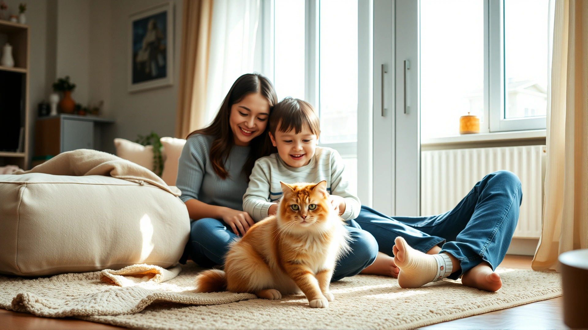 Family of two adults and a child sitting on a cozy living room floor playing with a Turkish Van cat, daylight streaming through windows, joyful expressions