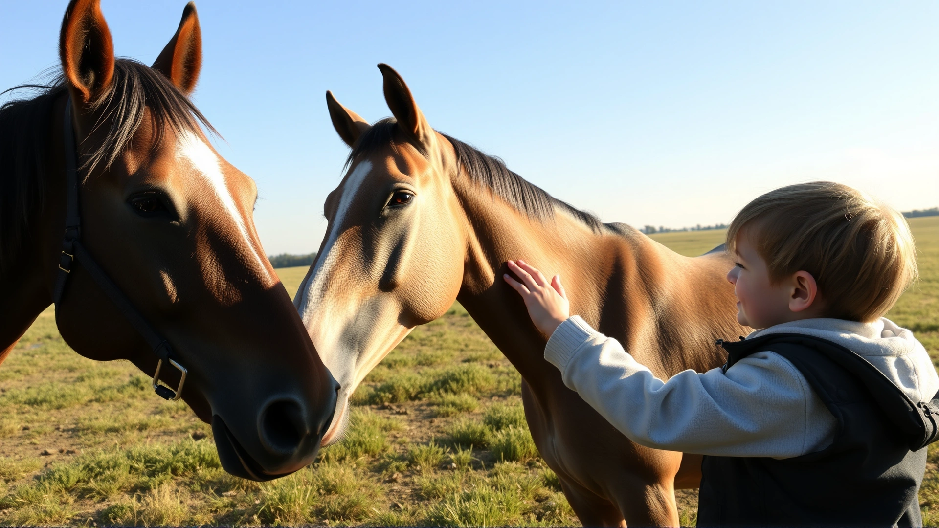 Child gently petting a calm French Ardennais horse in an open field, sunny afternoon, showing gentle temperament