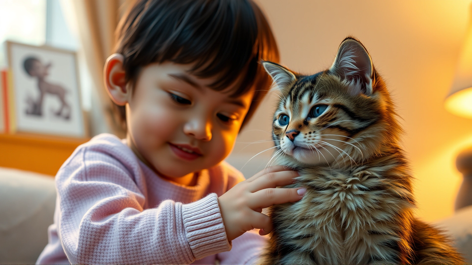 Children petting a calm Sokoke Forest cat at home, warm ambient lighting.