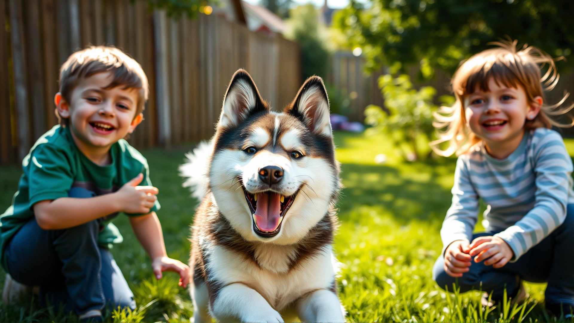 Kishu Ken happily playing fetch with two smiling children in a fenced green backyard on a sunny afternoon, motion captured, joyful atmosphere
