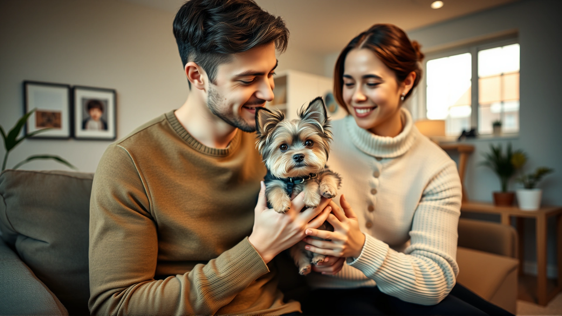Young family gently holding their small Morkie in a modern apartment living room, warm atmosphere, candid shot