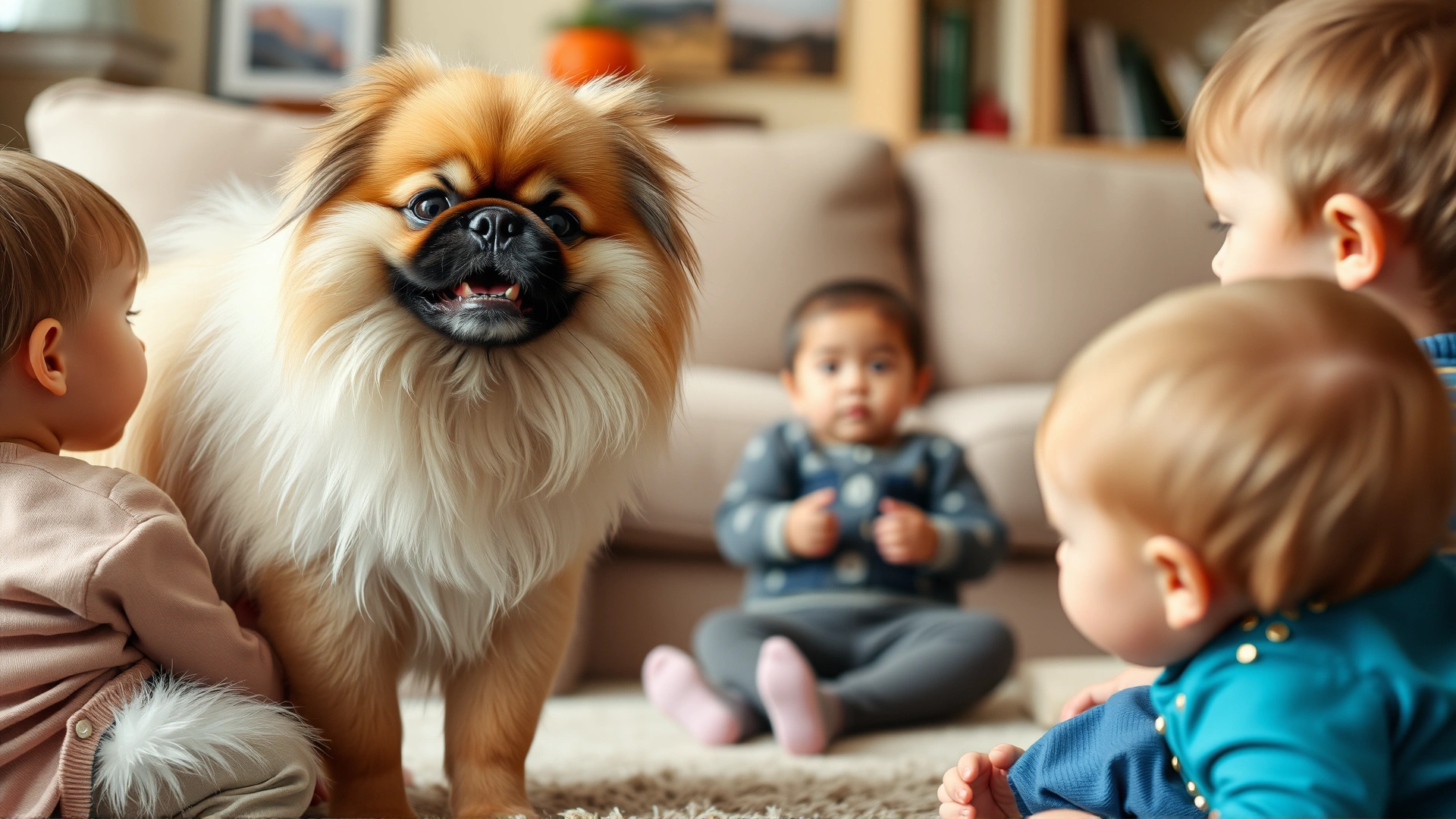 Warm photo of a Pekingese dog interacting safely with small children in a living room setting