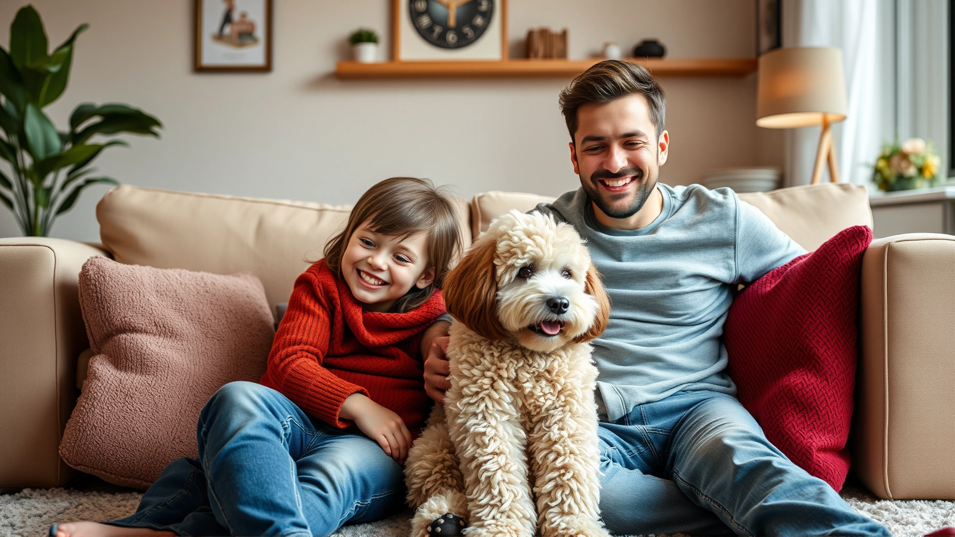 Smiling family with two kids sitting on living room floor cuddling a Sheepadoodle, cozy warm lighting, no text