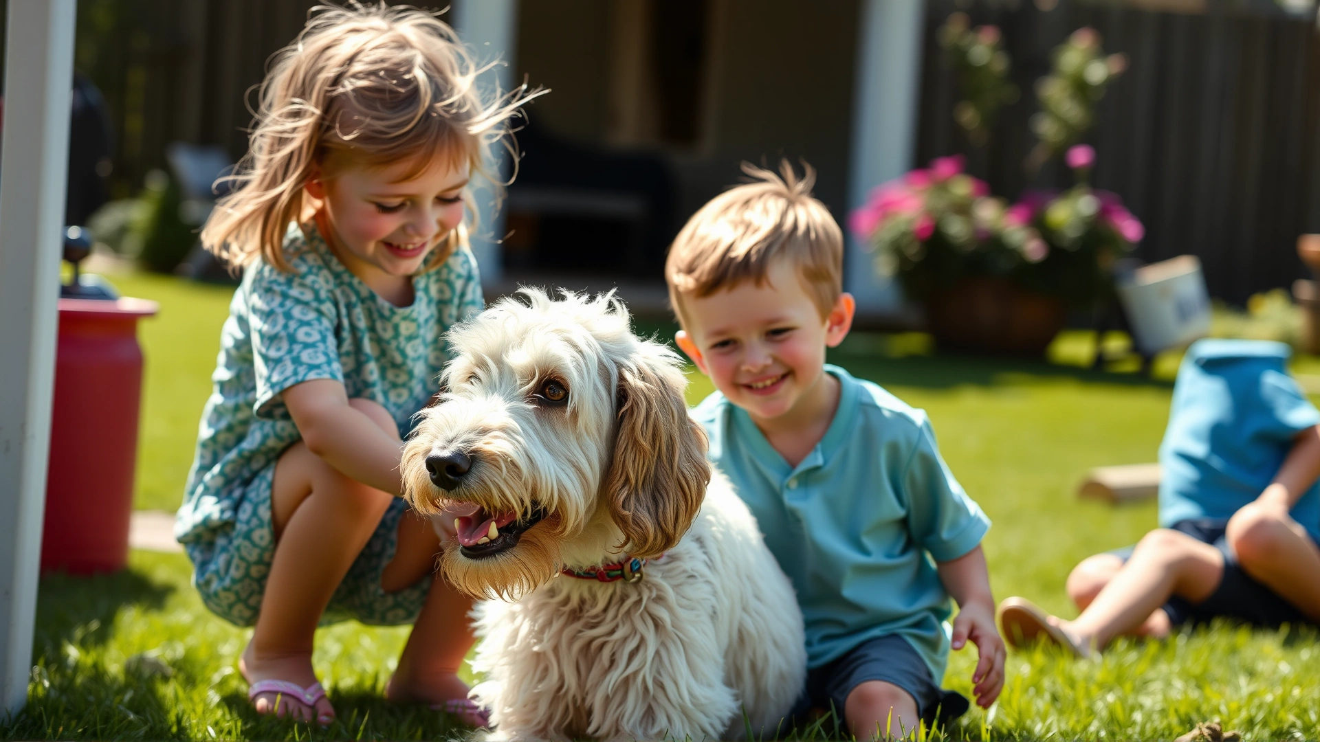 Spinone Italiano gently playing with two young children in a sunny backyard, candid lifestyle photograph