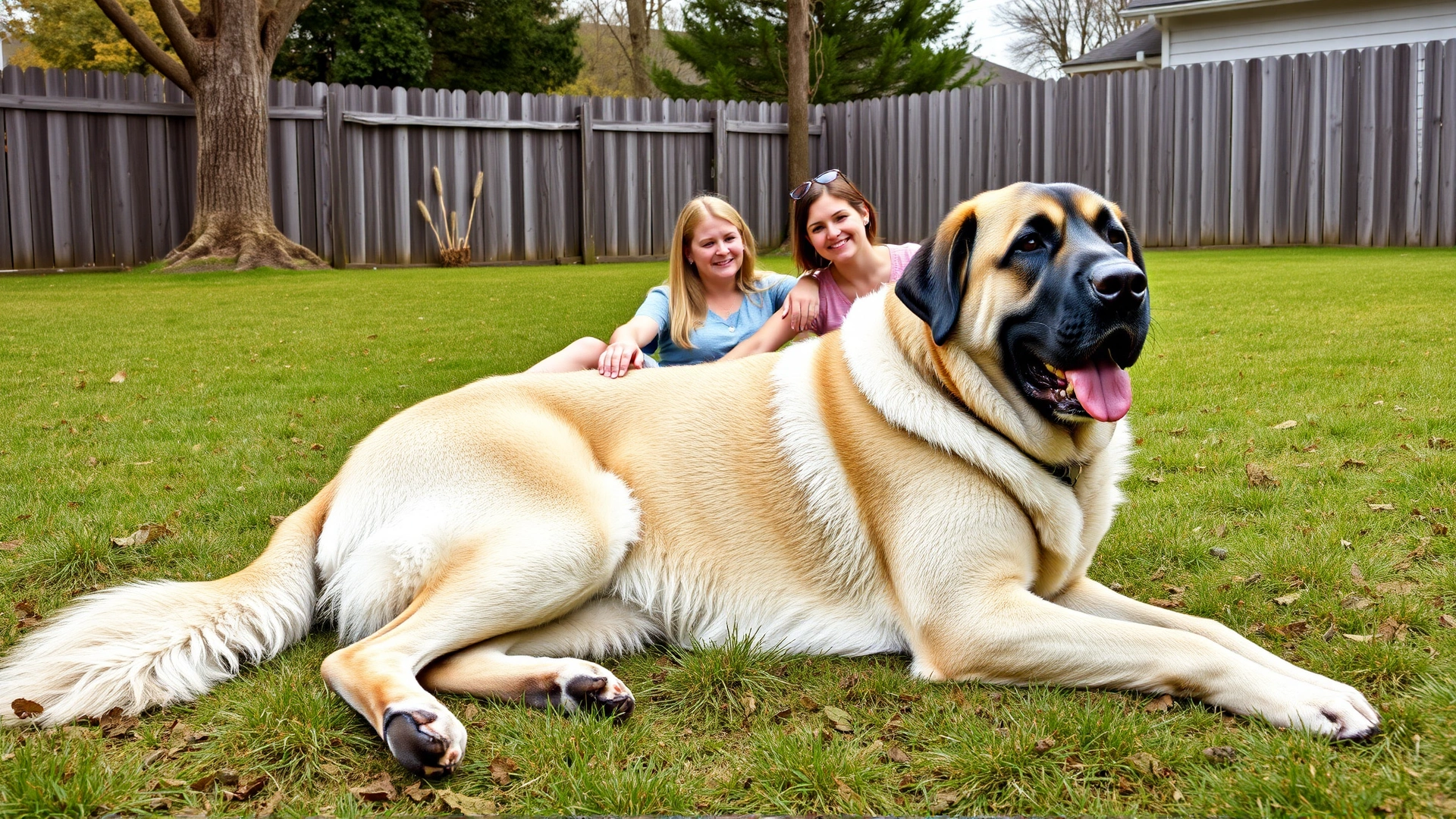 Large Anatolian Shepherd calmly lying near a family of four in a spacious fenced backyard, demonstrating its balanced protective nature.