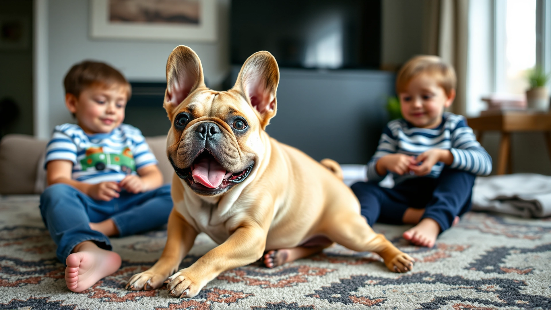 French Bulldog playfully interacting with two young children sitting on a living room rug.