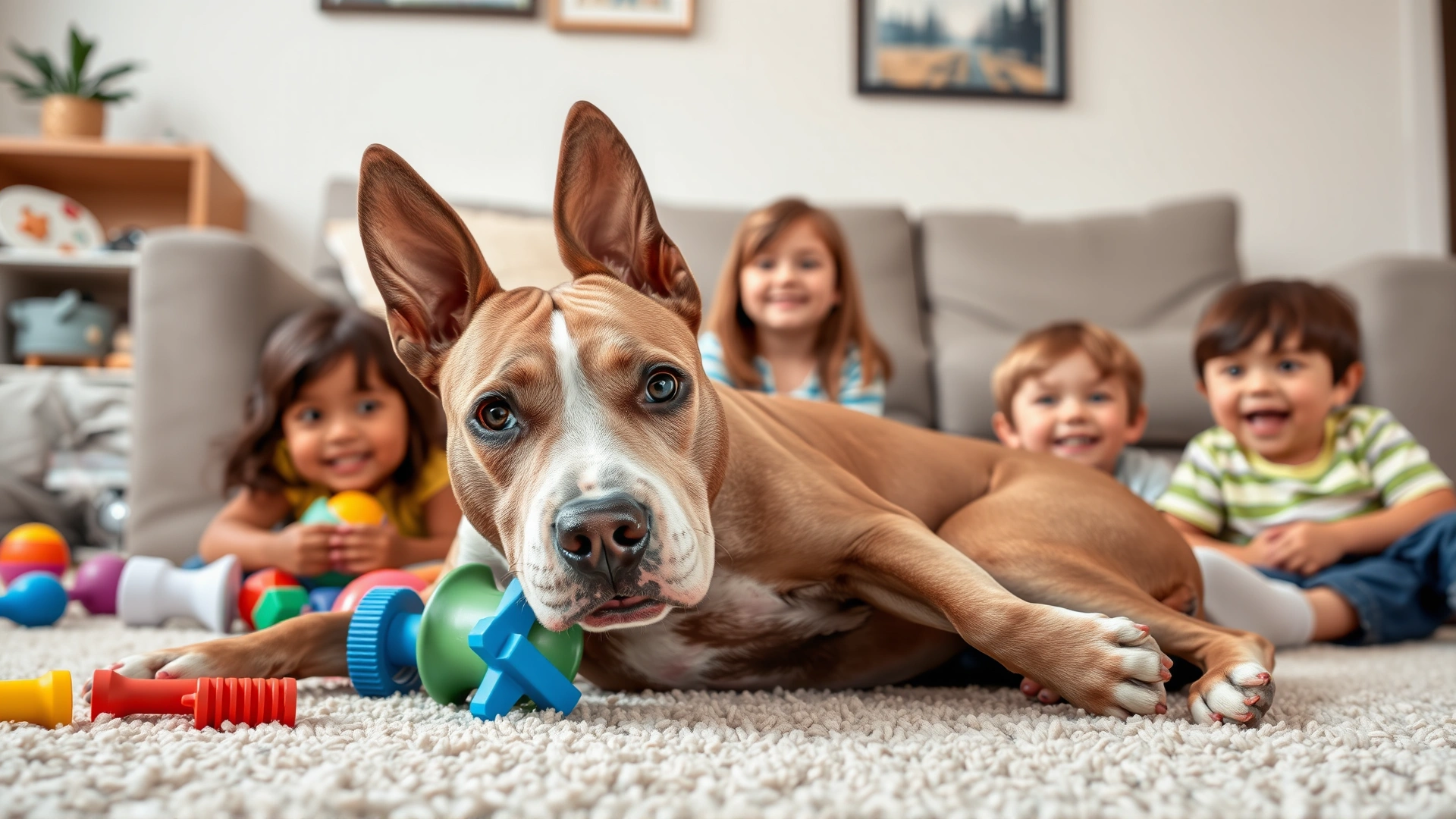 American Pit Bull Terrier lying on a living room carpet surrounded by smiling children and colorful toys, illustrating family-friendly nature
