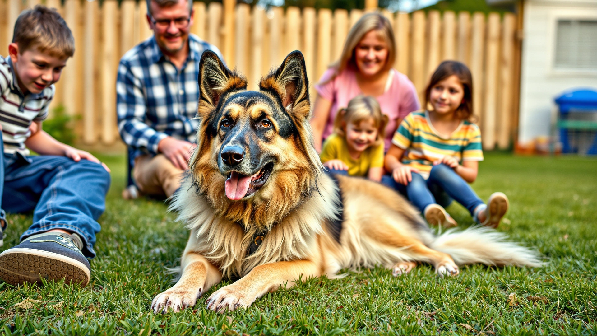 A relaxed Caucasian Shepherd lying beside a family with young children in a securely fenced backyard, portraying compatibility with kids.