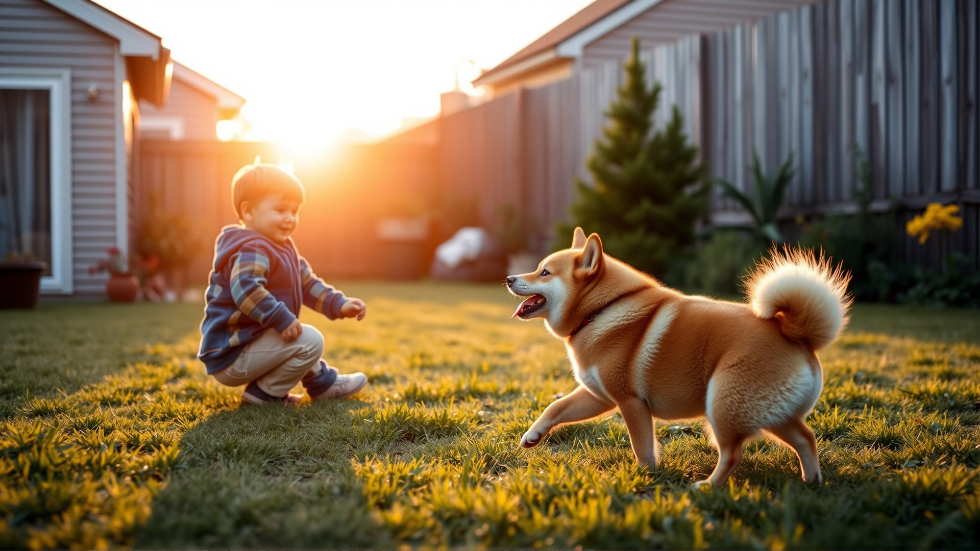 Warm family scene with two children playing fetch with a Shiba Inu in a safe, fenced garden during sunset.