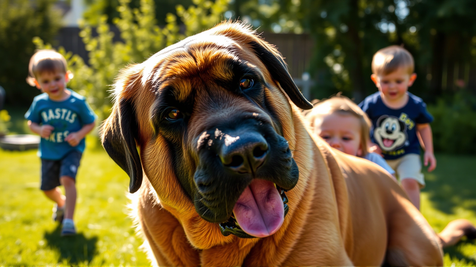 Spanish Mastiff gently playing with two children in a sunny backyard, candid shot, high-resolution