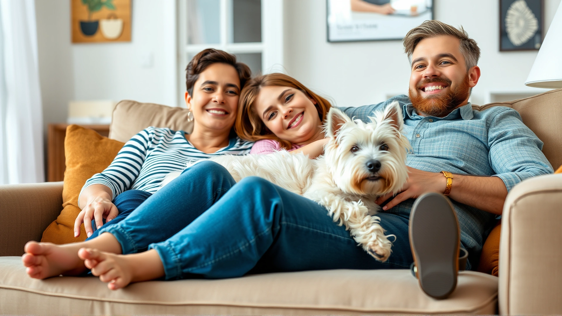 Happy family relaxing on a couch with a calm adult Westie lying between them, warm indoor lighting