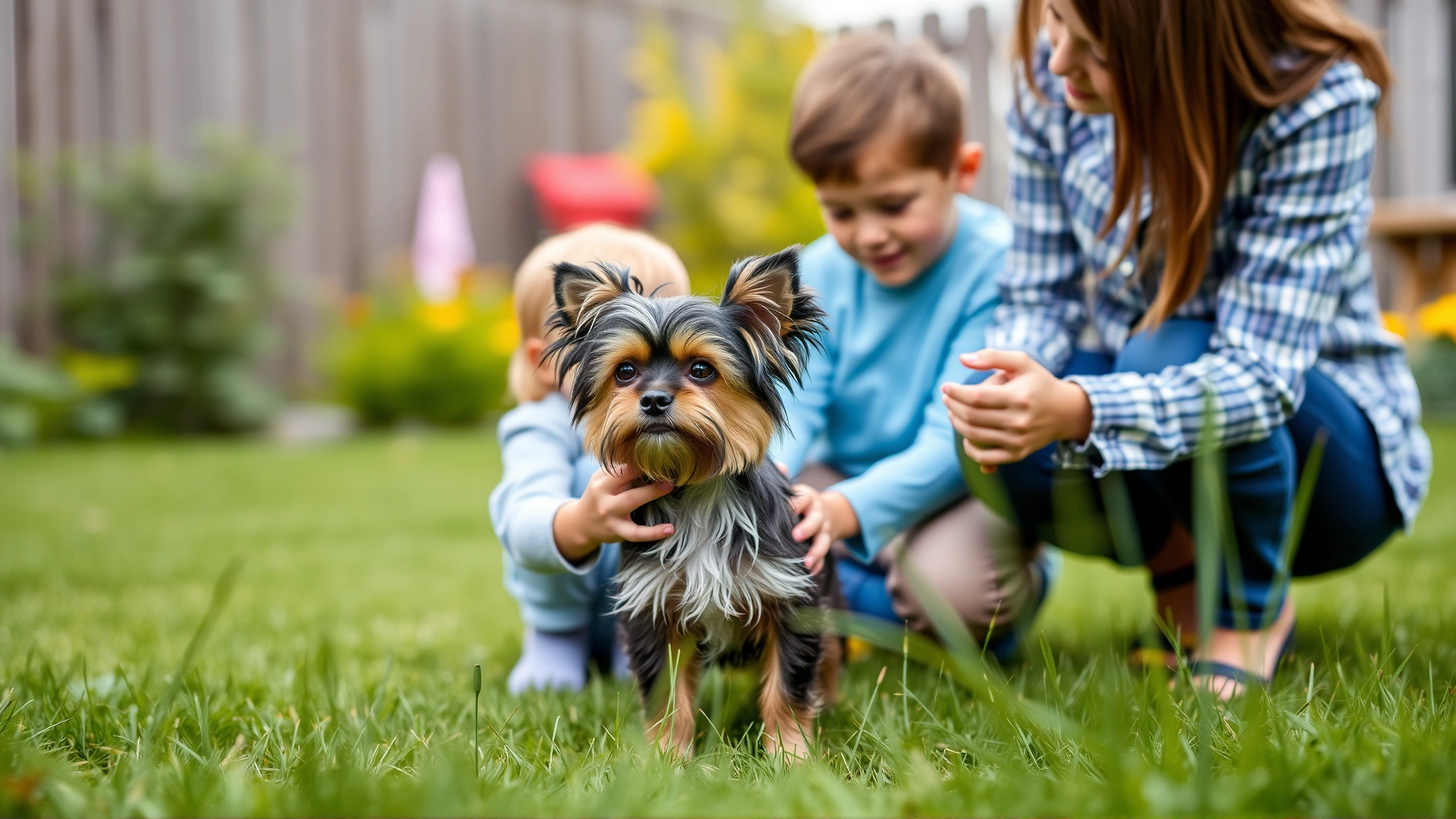 Small family with two children gently petting an Affenpinscher in a backyard, demonstrating compatibility with kids.