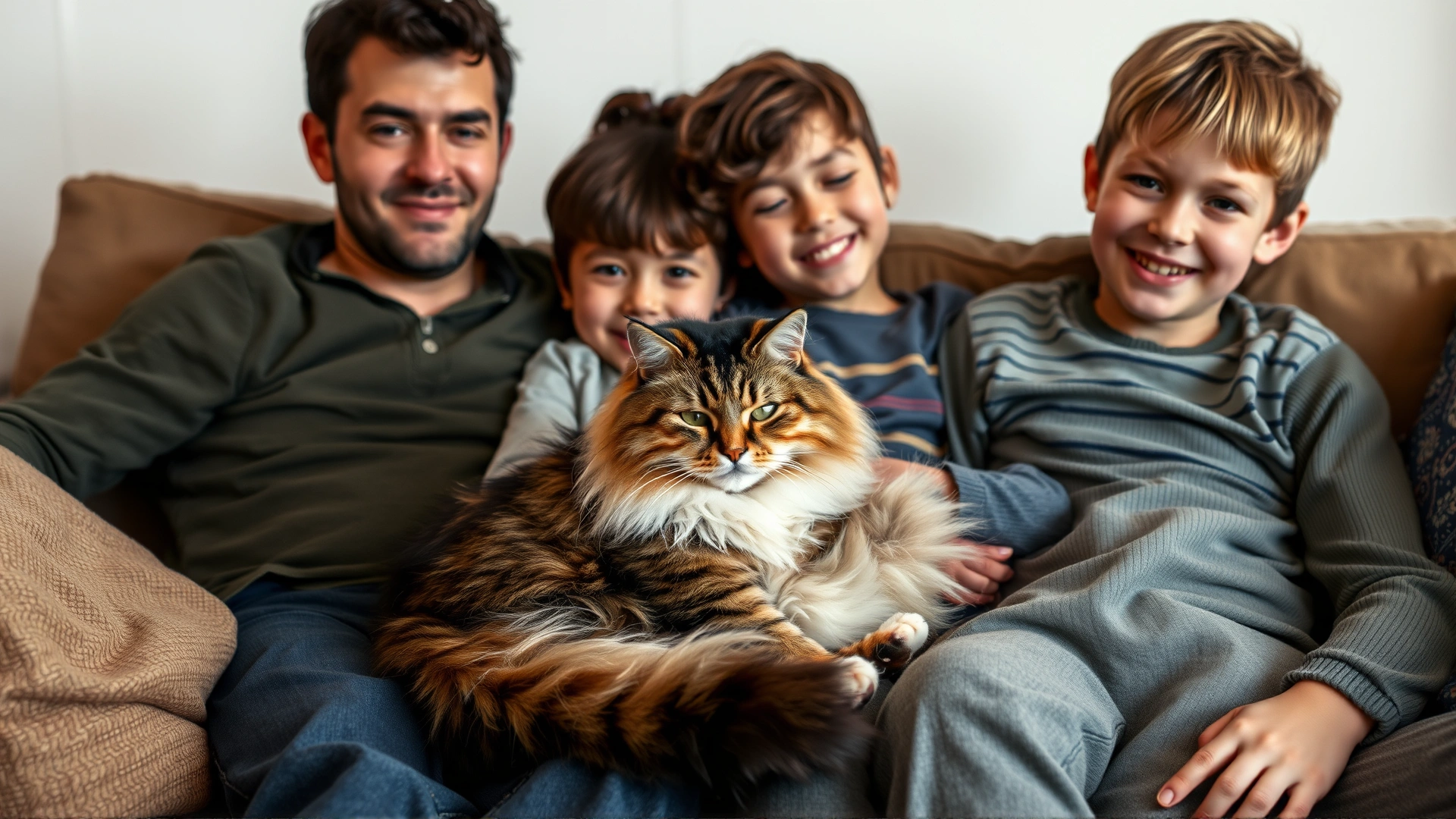 A family sitting on a couch while a large Maine Coon cat cuddles comfortably between two children, homely atmosphere.